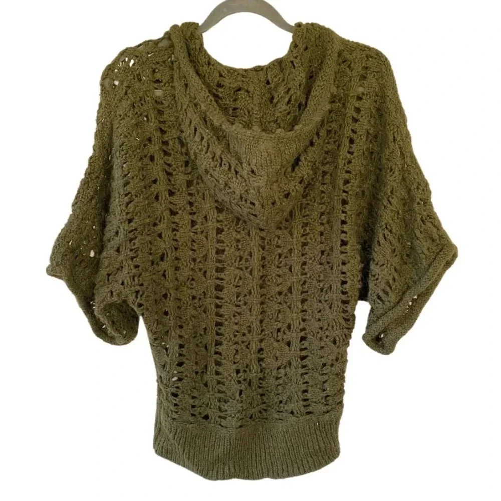 Free People, Hooded Open Knit Short Sleeve‎ Sweater Top, Olive, Army Green
